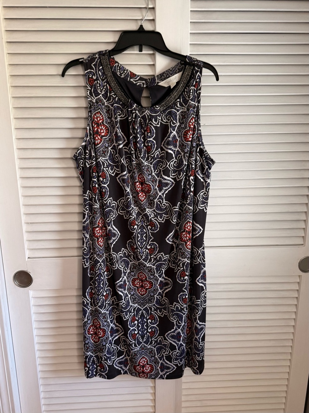 Dress- midi multicolor dress in navy, white, red with beaded collar.